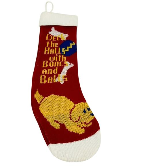 Vintage Knit Dog Christmas Stocking Deck the Halls with Bones and Balls 22" - Picture 2 of 2